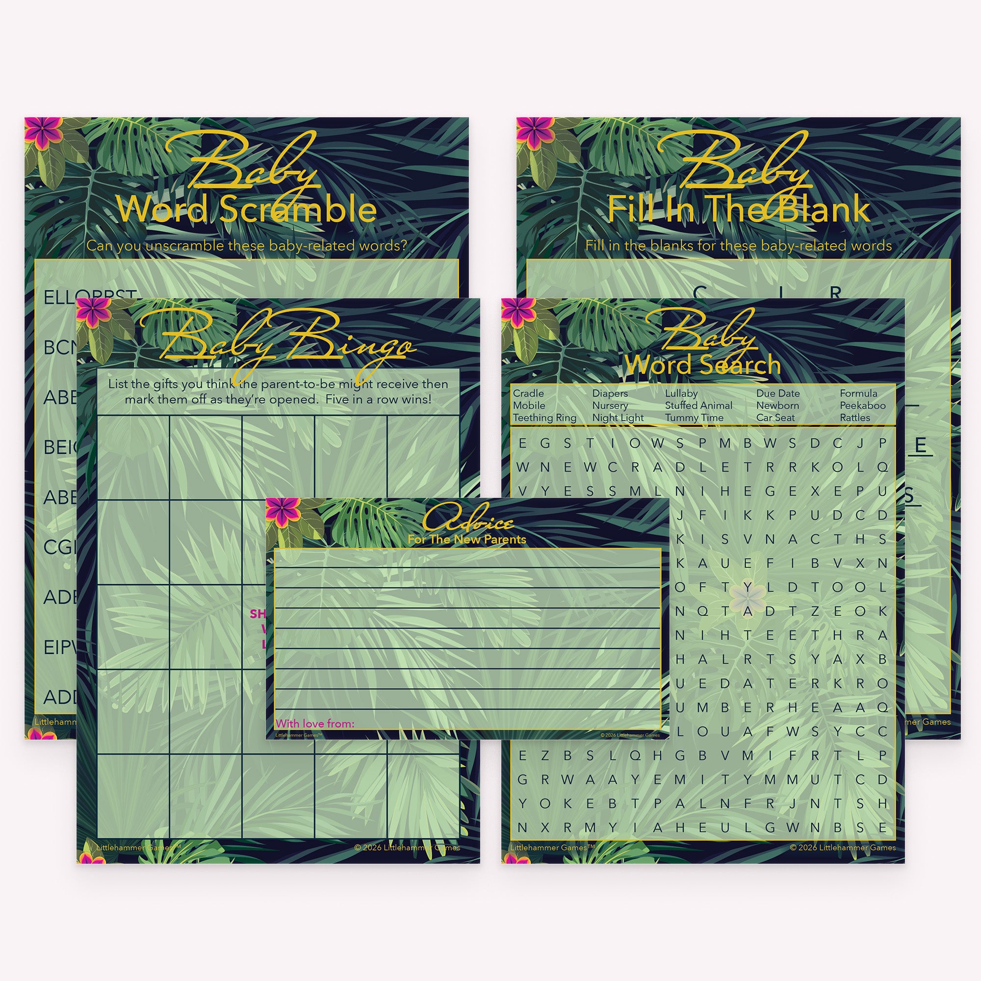 Tropical-themed baby shower printable games bundle with advice cards, word puzzle games, and printable gift bingo
