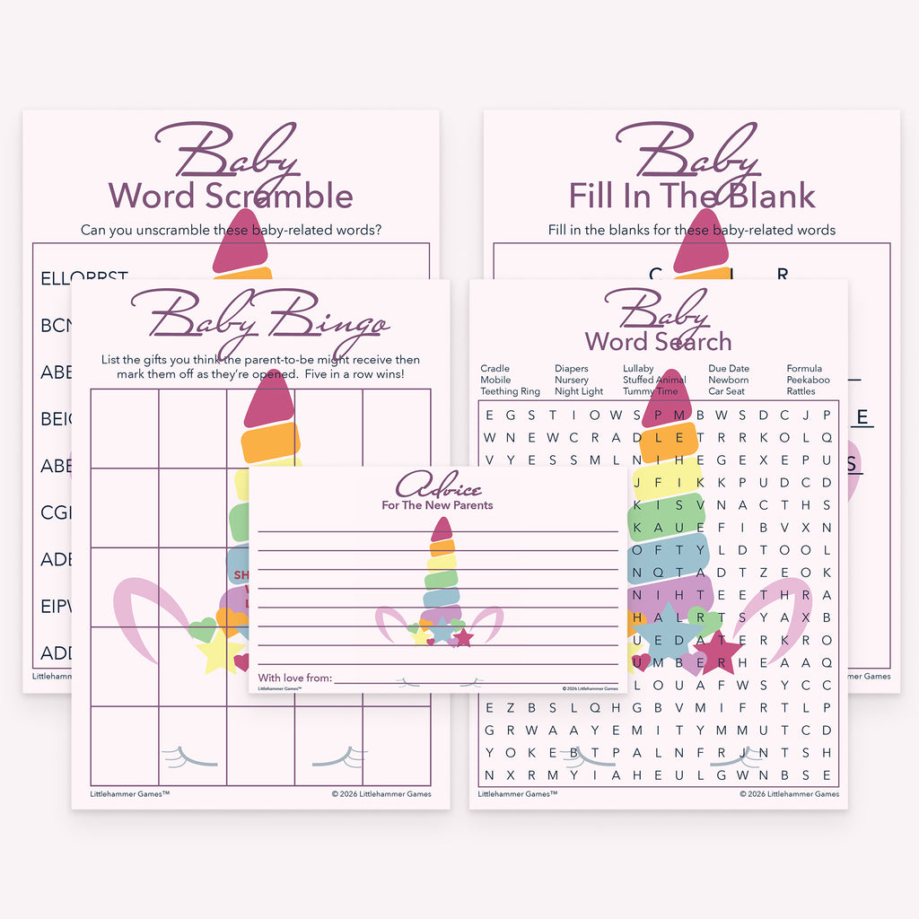 Unicorn-themed printable baby shower game bundle with coordinated printable activities and advice cards