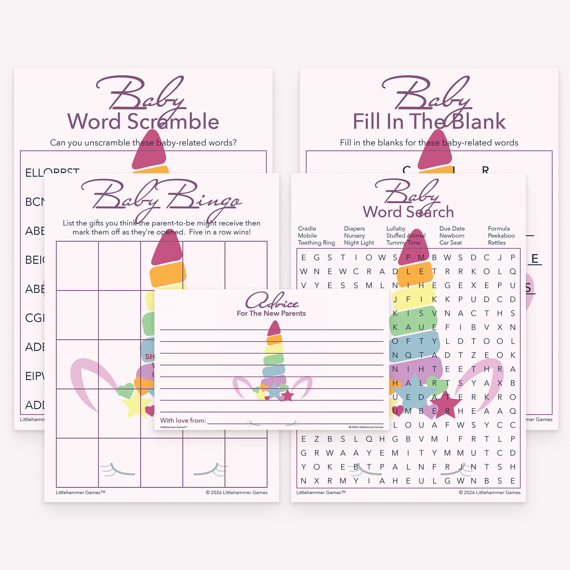 Unicorn-themed printable baby shower game bundle with coordinated printable activities and advice cards