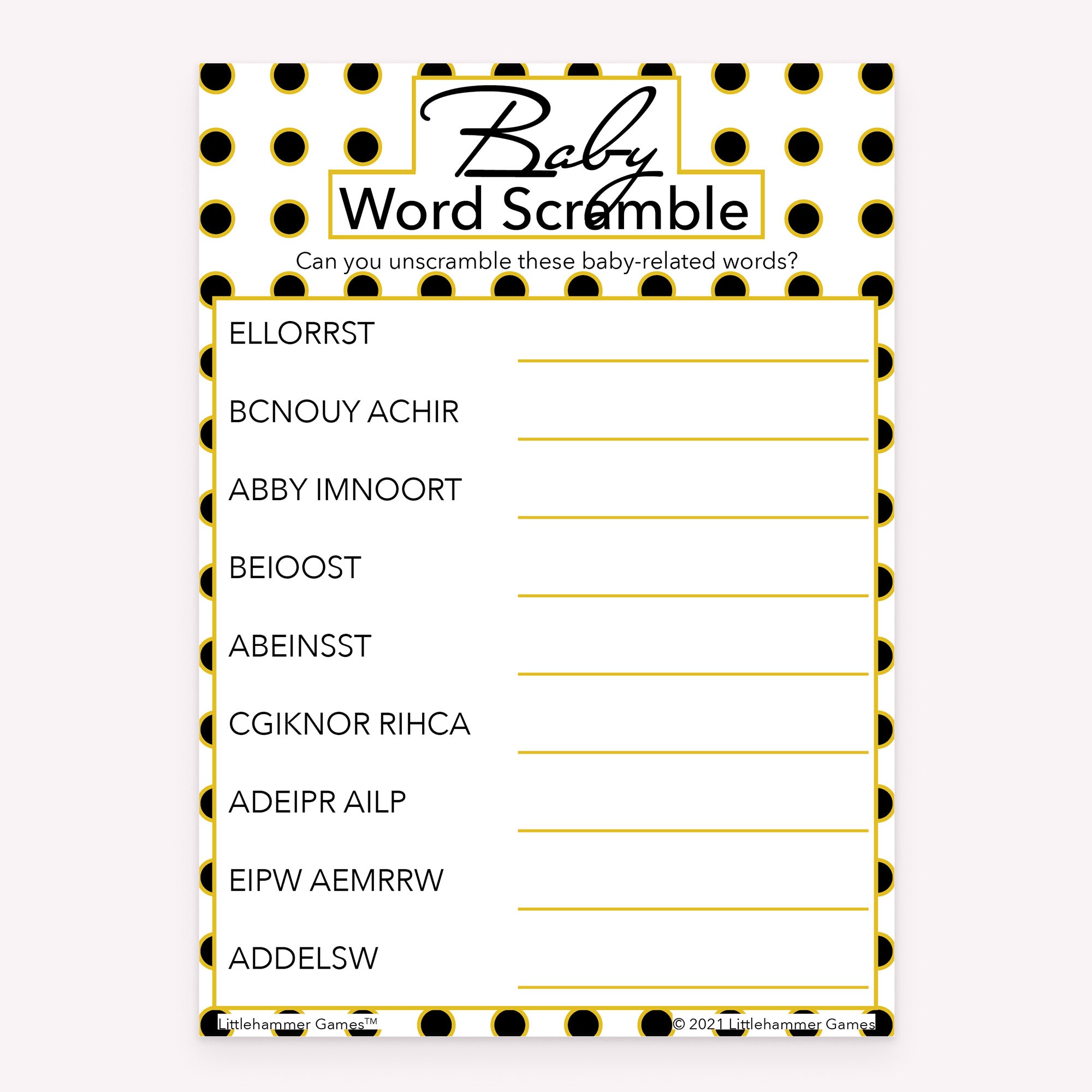 Baby shower printable Baby Word Scramble card featuring black and gold polka dots