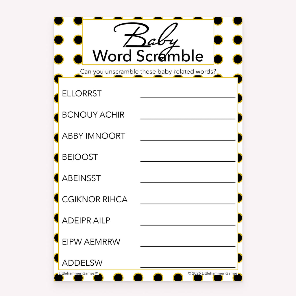 Baby shower printable Baby Word Scramble card featuring black and gold polka dots