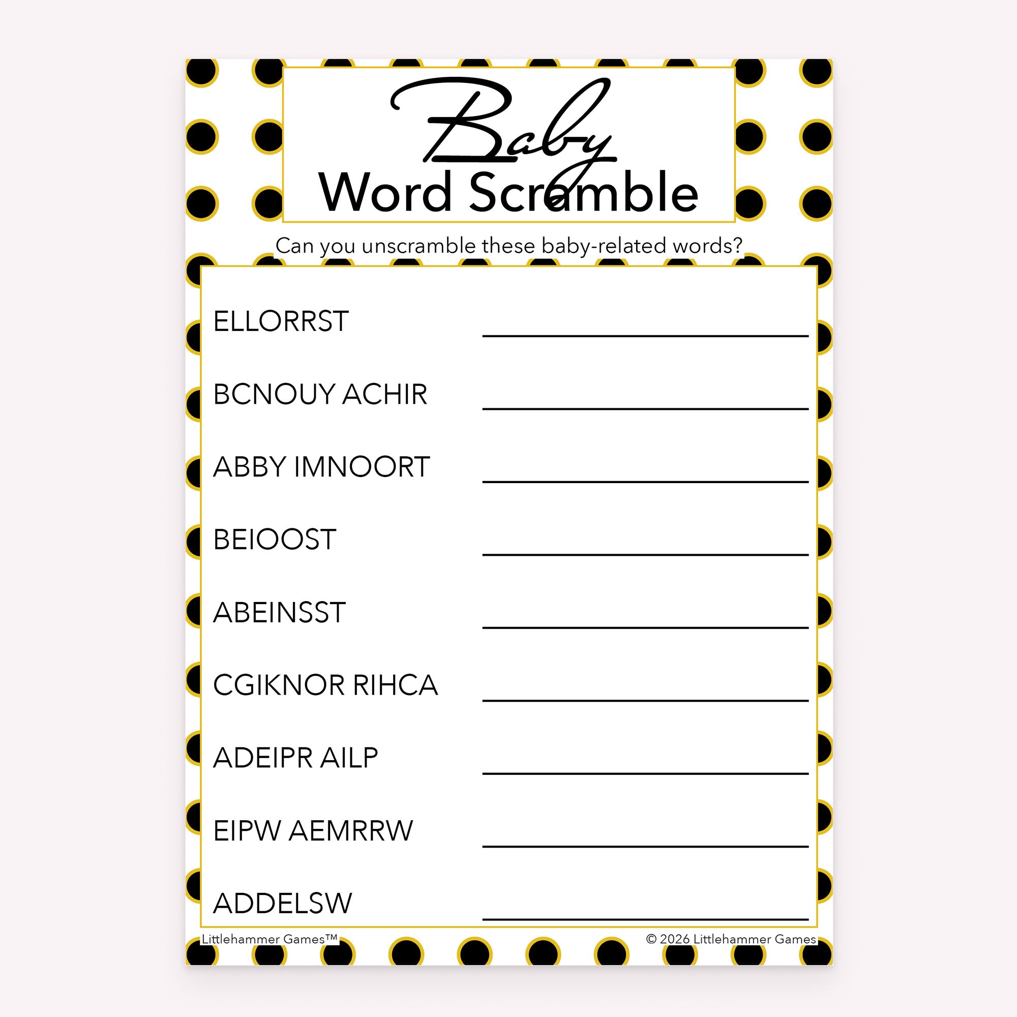 Baby shower printable Baby Word Scramble card featuring black and gold polka dots