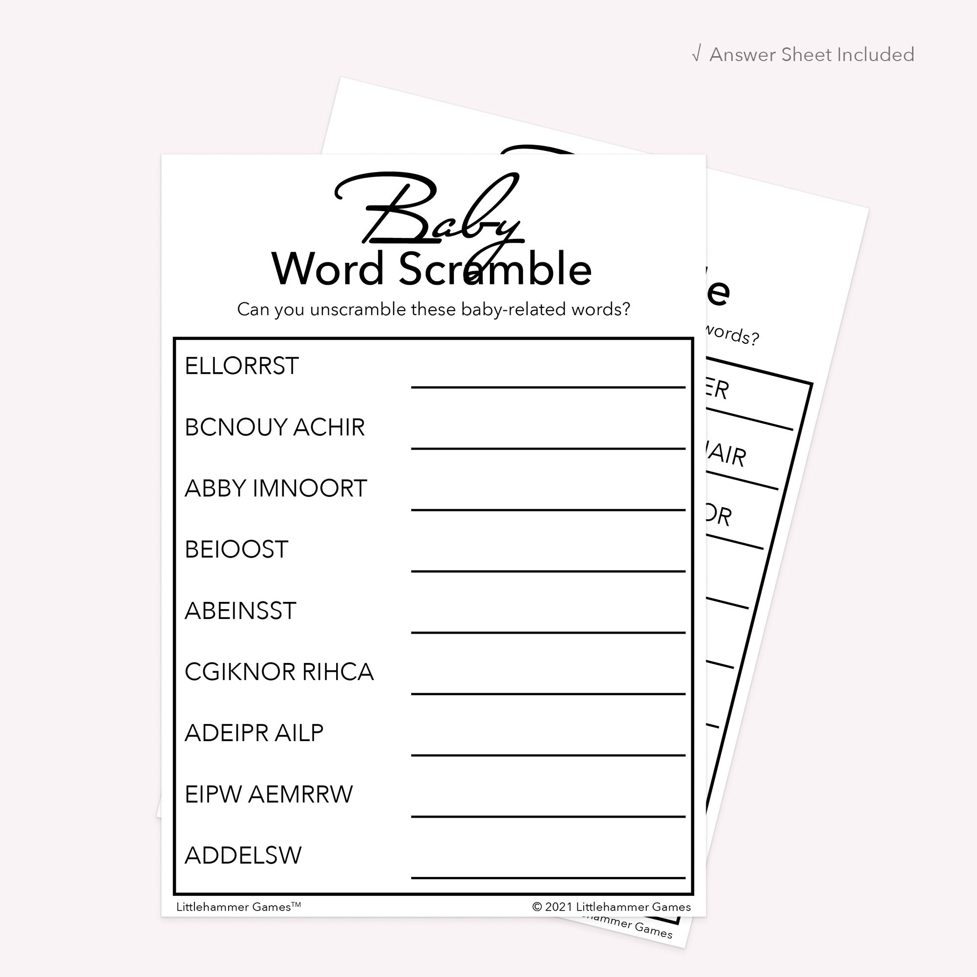 Printable black and white Baby Word Scramble card displayed with answer sheet in the background