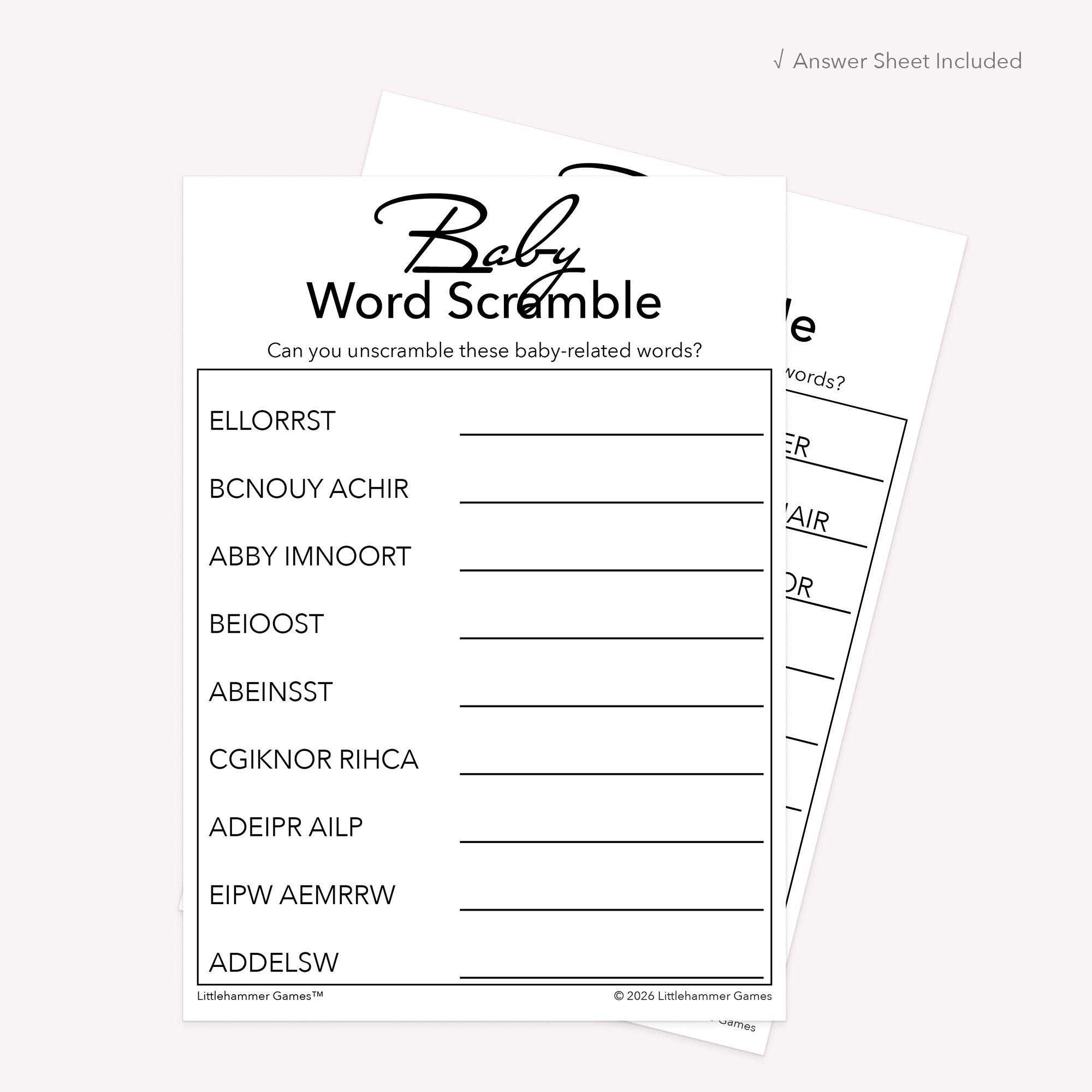 Printable black and white Baby Word Scramble card displayed with answer sheet in the background