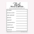 Black and white themed Baby Word Scramble printable baby shower game card