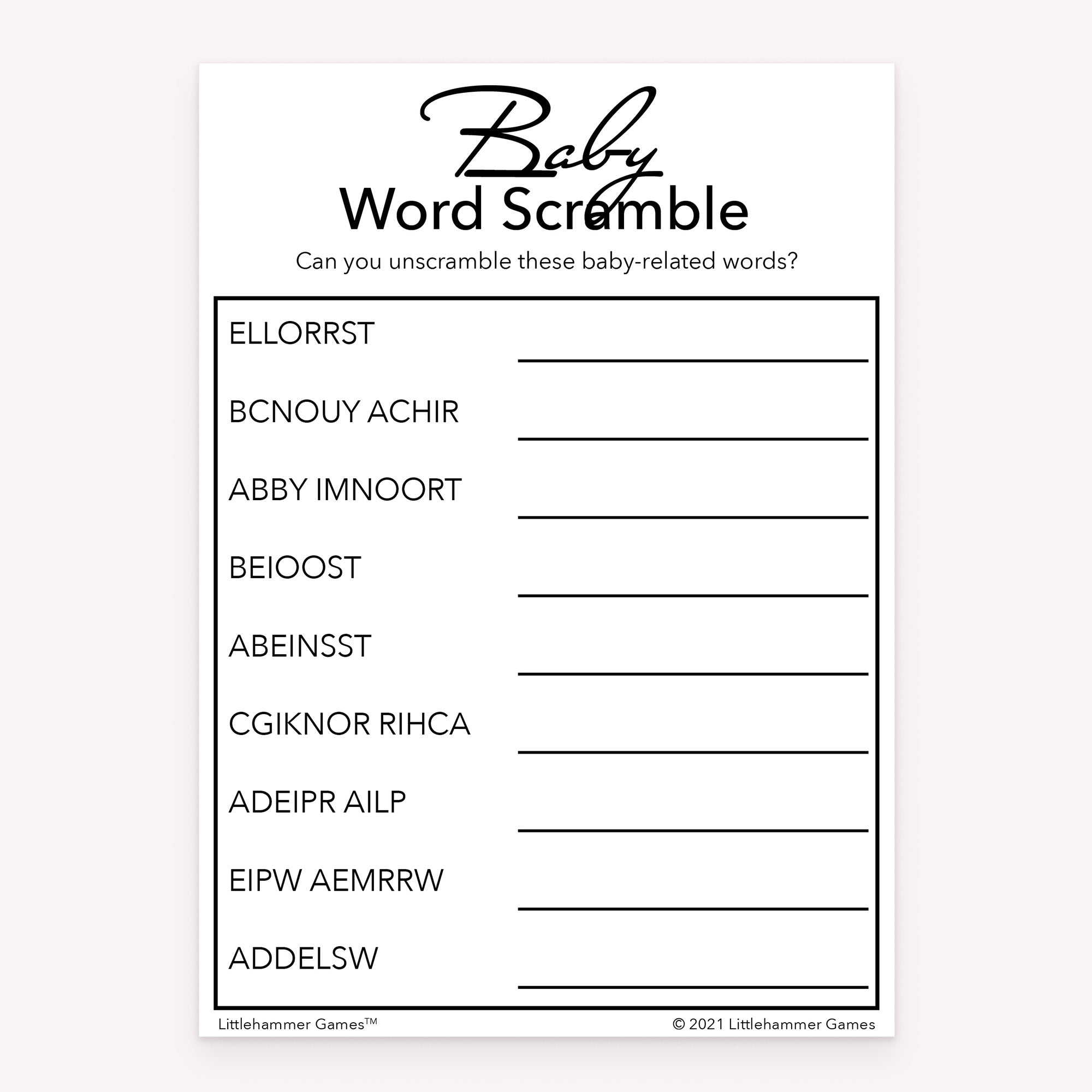 Black and white themed Baby Word Scramble printable baby shower game card