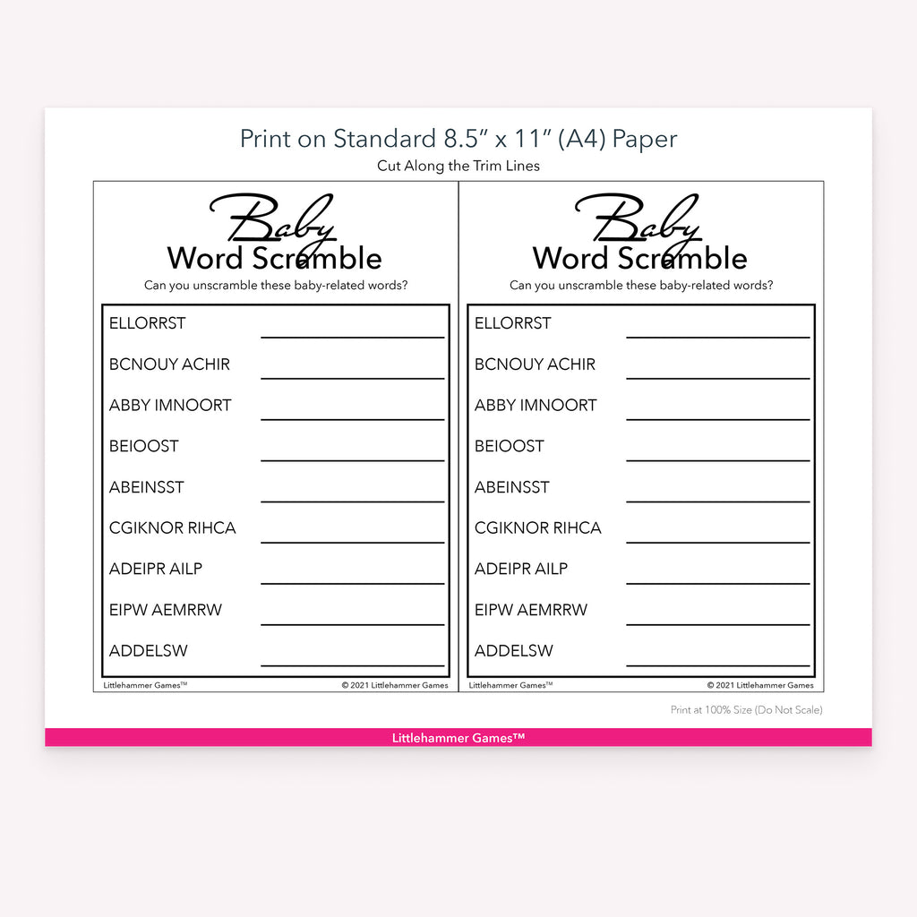 Printable black and white Baby Word Scramble game card layout showing US Letter size dimensions and printing information