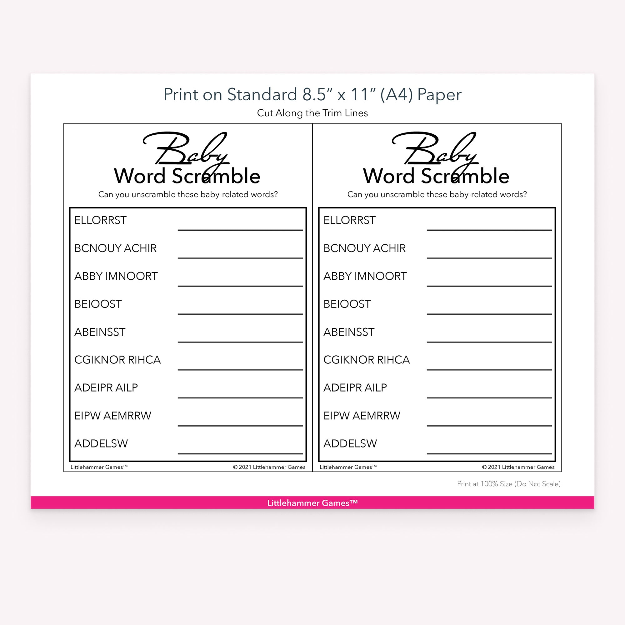 Printable black and white Baby Word Scramble game card layout showing US Letter size dimensions and printing information