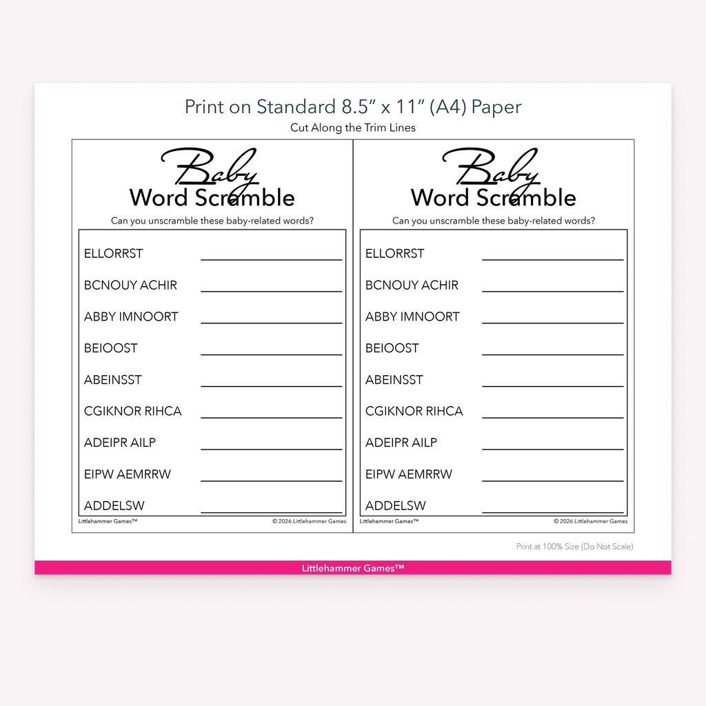 Printable black and white Baby Word Scramble game card layout showing US Letter size dimensions and printing information