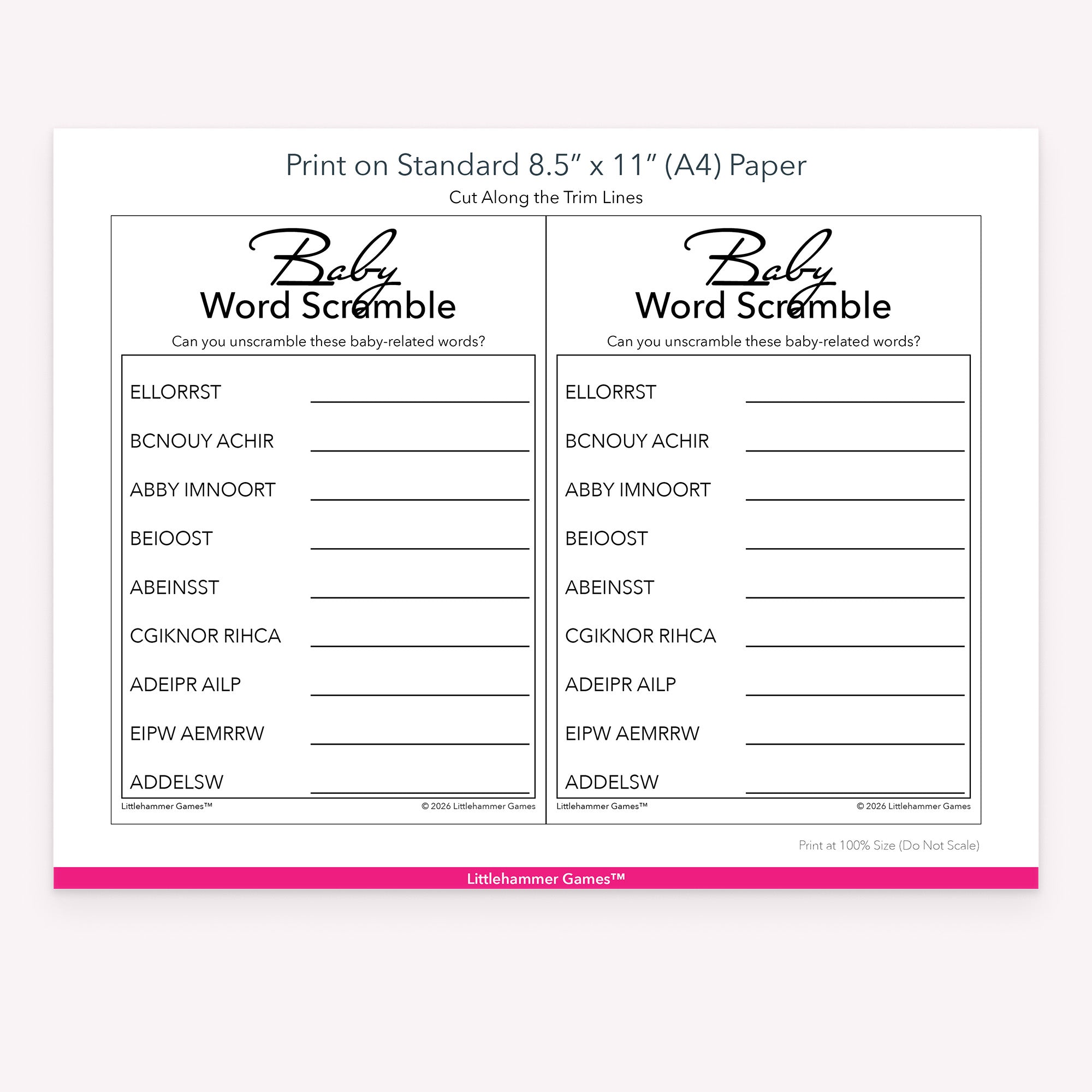 Printable black and white Baby Word Scramble game card layout showing US Letter size dimensions and printing information