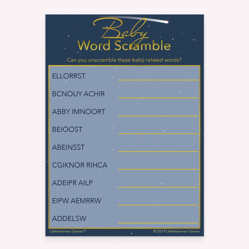 Baby Word Scramble baby shower printable card in starry night sky theme