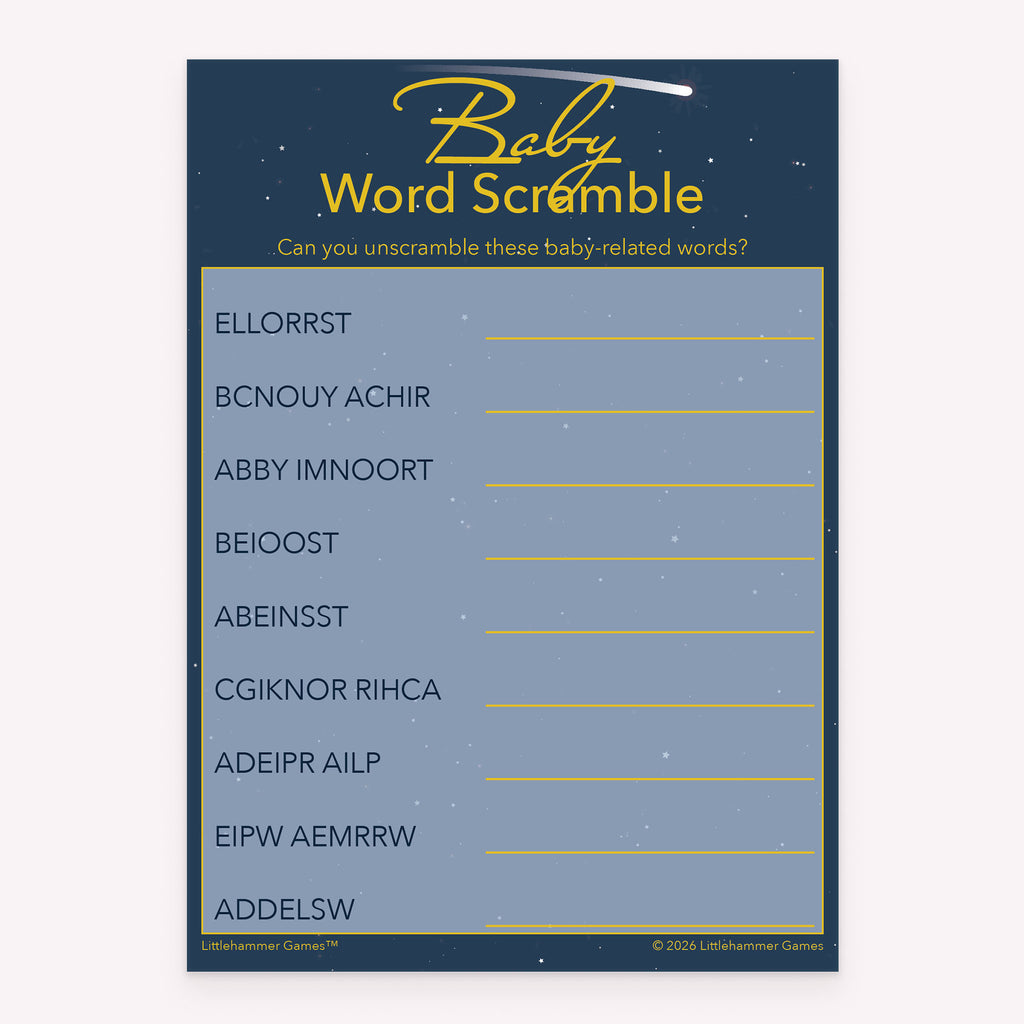 Baby Word Scramble baby shower printable card in starry night sky theme