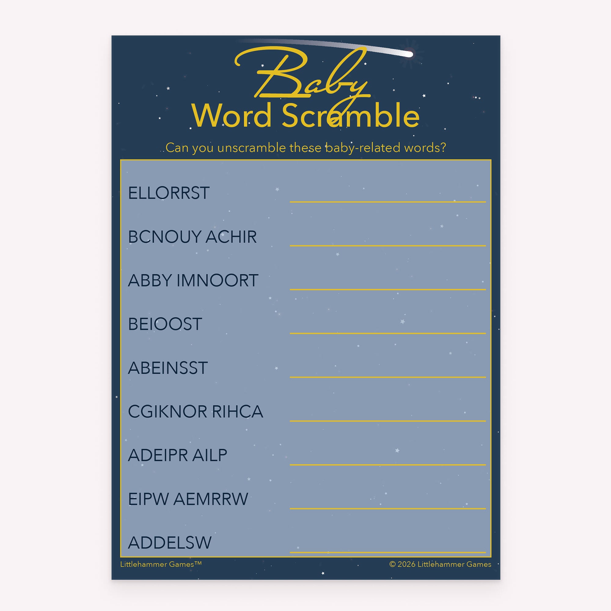 Baby Word Scramble baby shower printable card in starry night sky theme