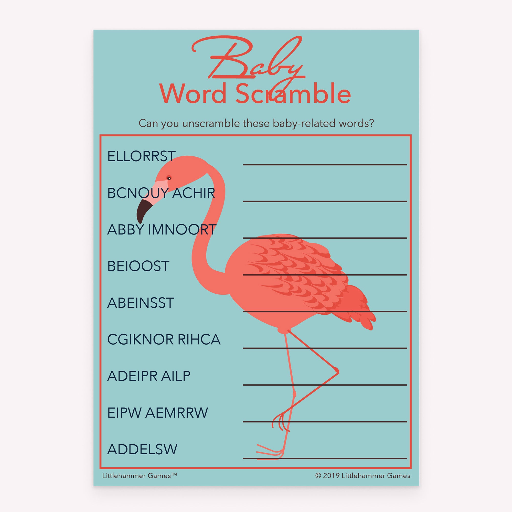 Flamingo-themed printable baby shower Baby Word Scramble activity card