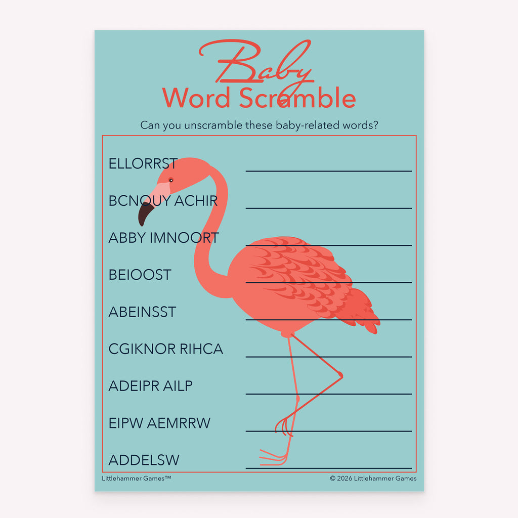Flamingo-themed printable baby shower Baby Word Scramble activity card