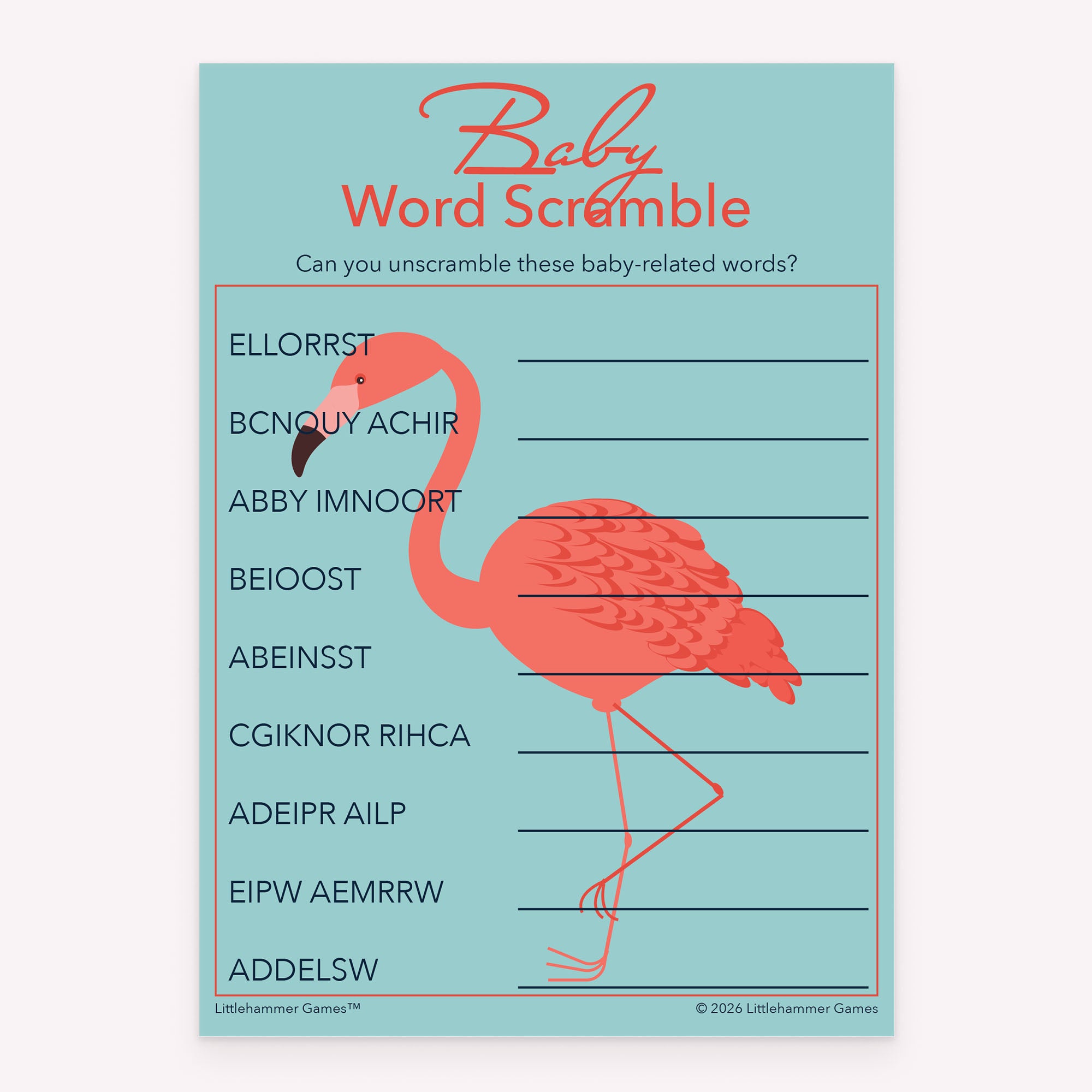 Flamingo-themed printable baby shower Baby Word Scramble activity card