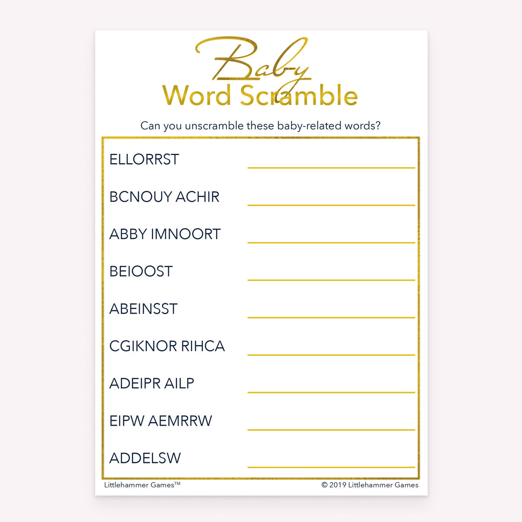 Baby shower Baby Word Scramble printable game card in gold and white color scheme
