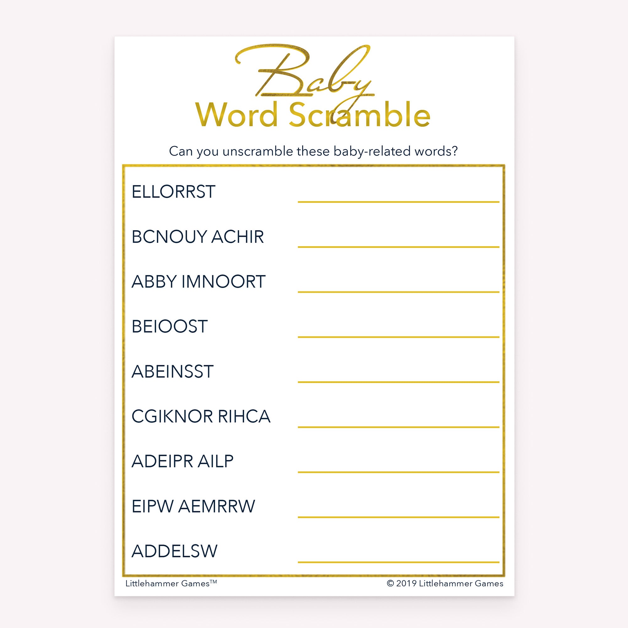 Baby shower Baby Word Scramble printable game card in gold and white color scheme