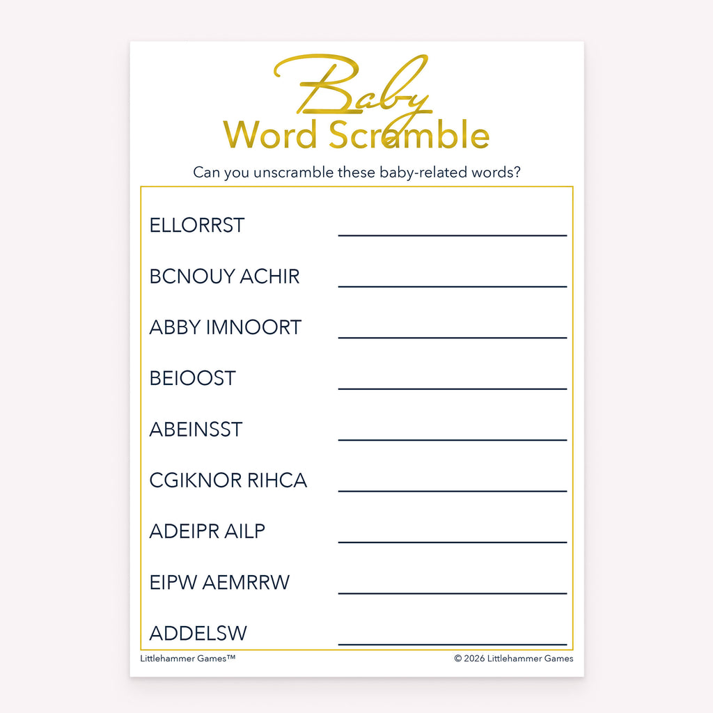 Baby shower Baby Word Scramble printable game card in gold and white color scheme