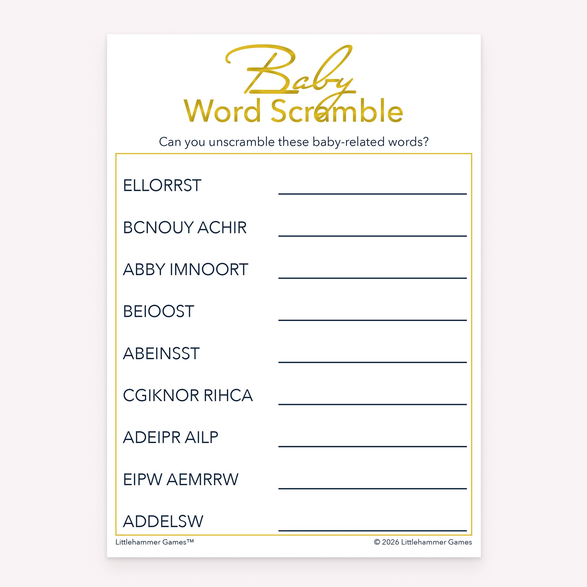Baby shower Baby Word Scramble printable game card in gold and white color scheme
