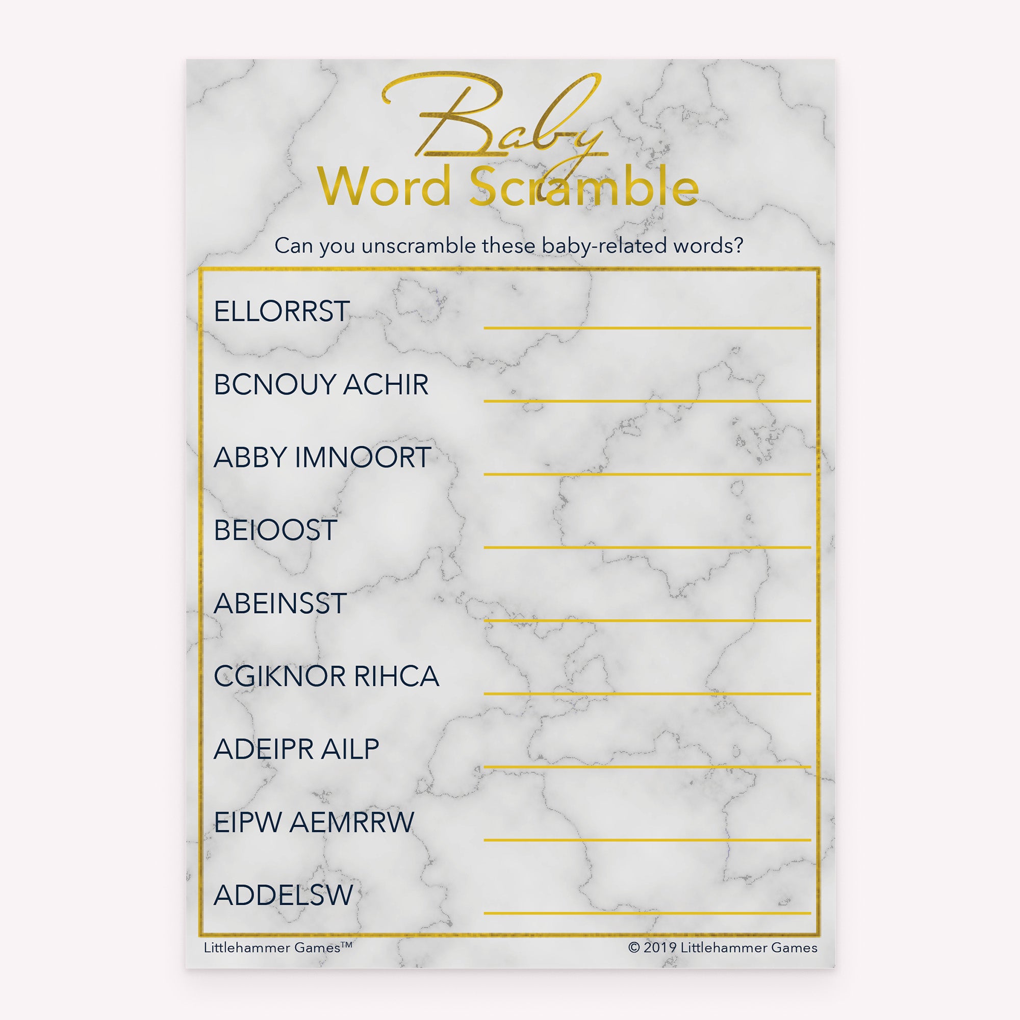 Gold and marble Baby Word Scramble baby shower printable card