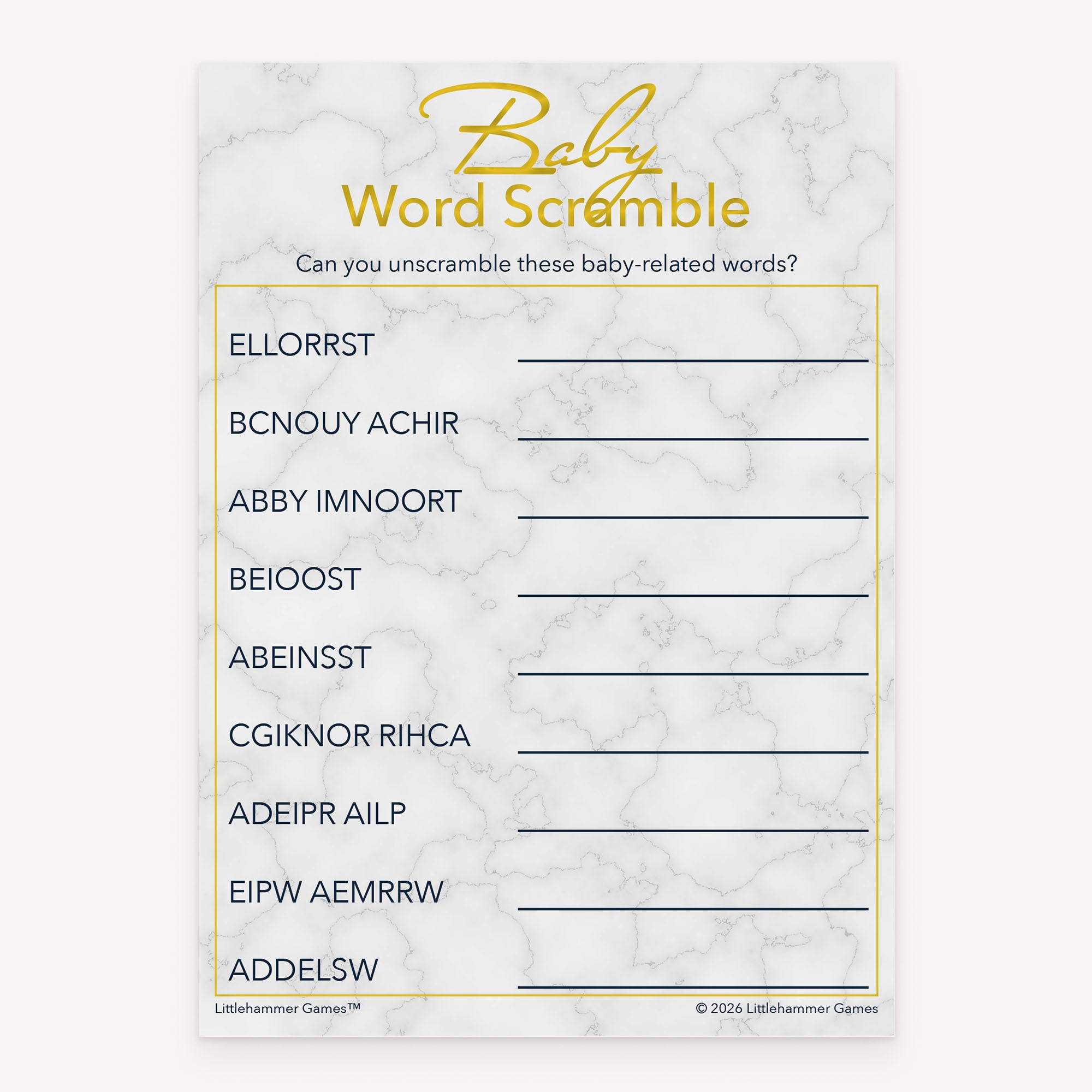 Gold and marble Baby Word Scramble baby shower printable card