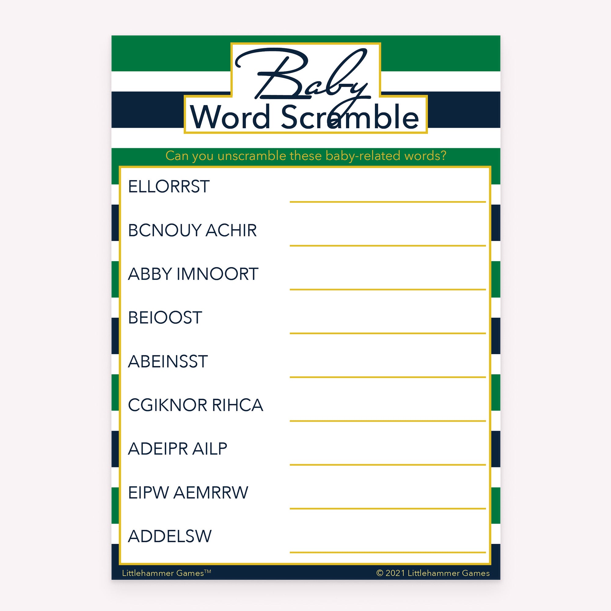 Printable baby shower Baby Word Scramble card in green and navy stripes theme