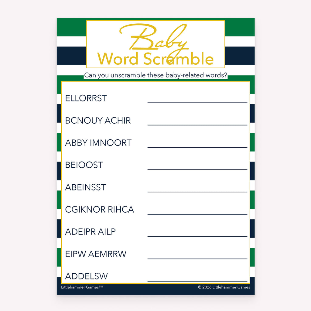 Printable baby shower Baby Word Scramble card in green and navy stripes theme