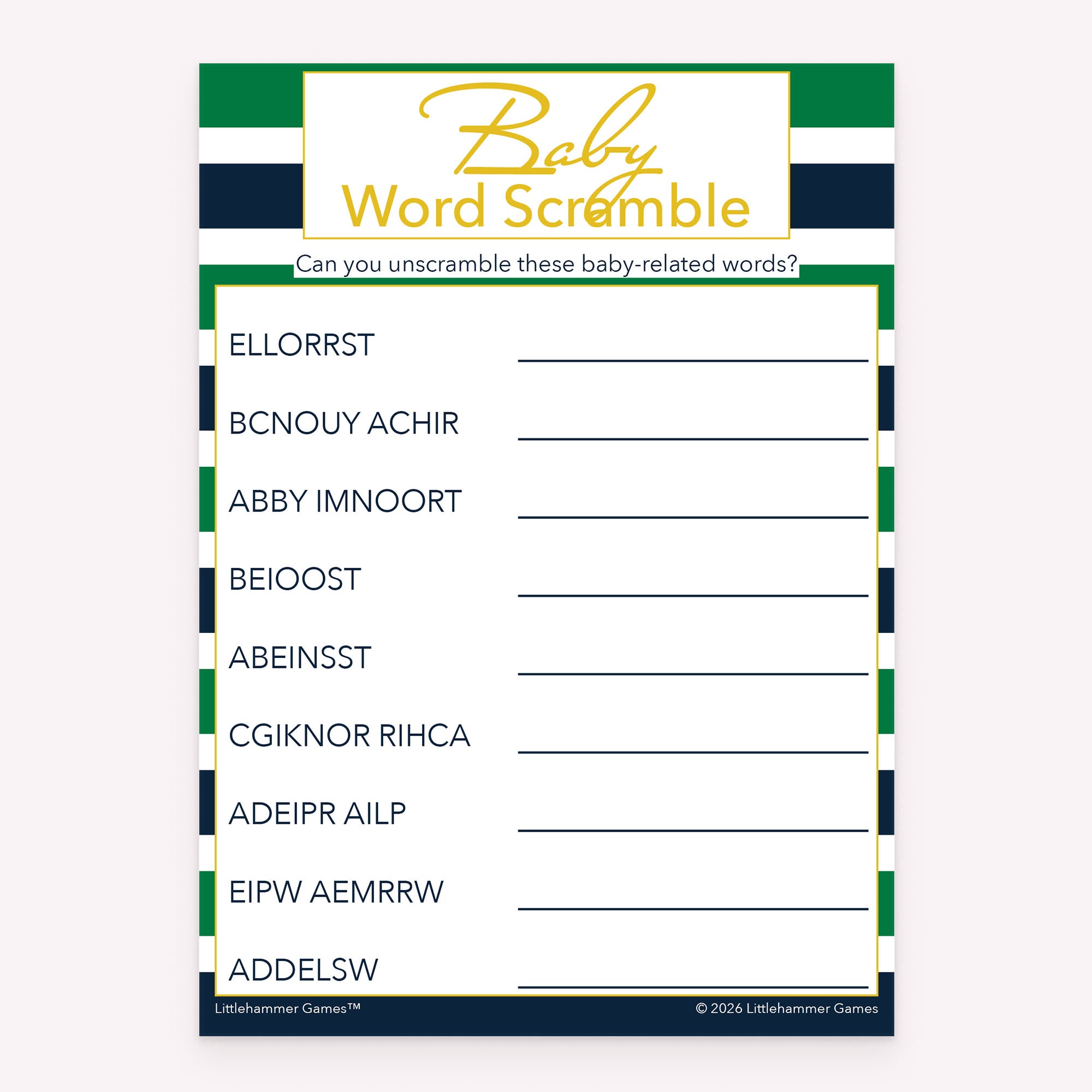 Printable baby shower Baby Word Scramble card in green and navy stripes theme