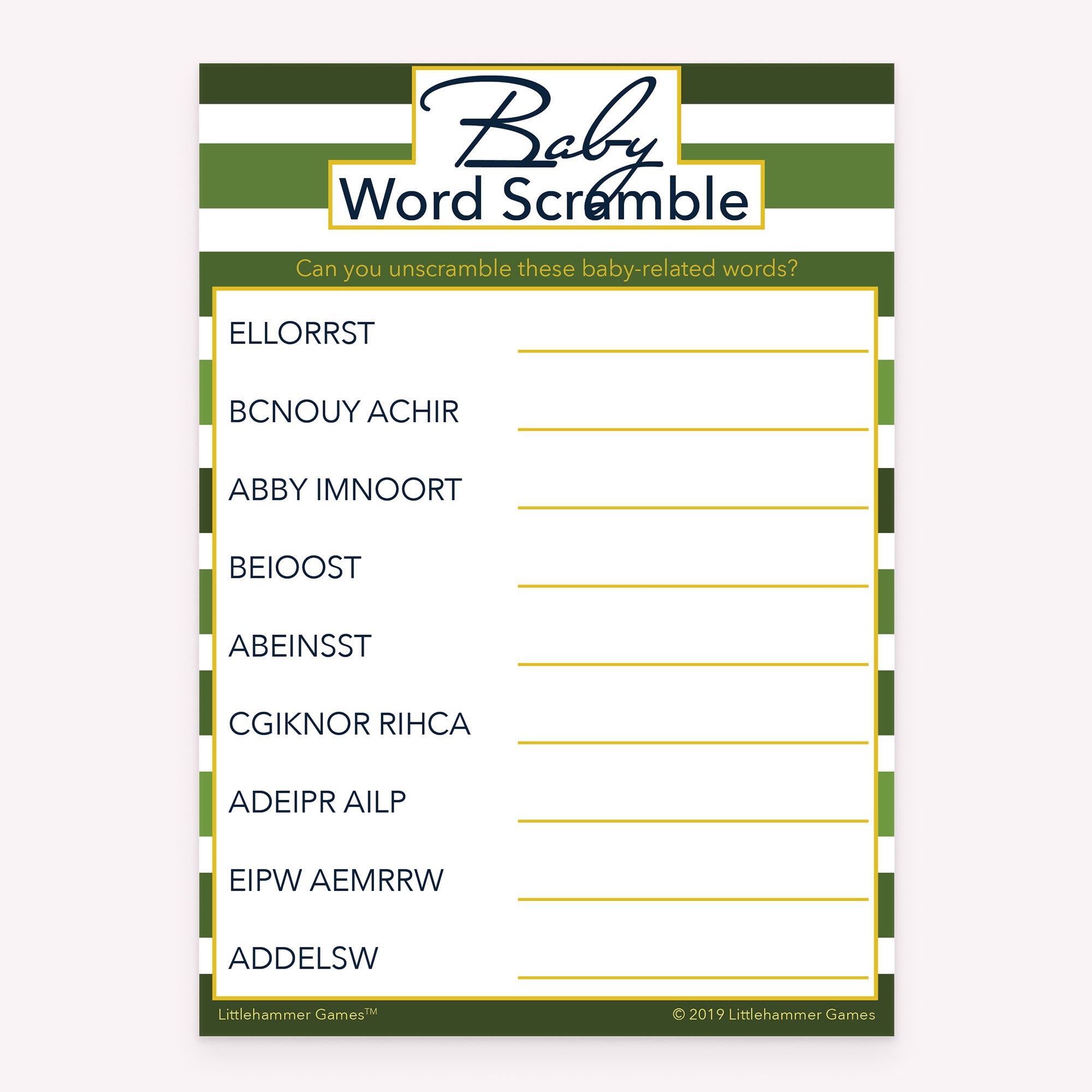 Green-striped printable baby shower game card for Baby Word Scramble