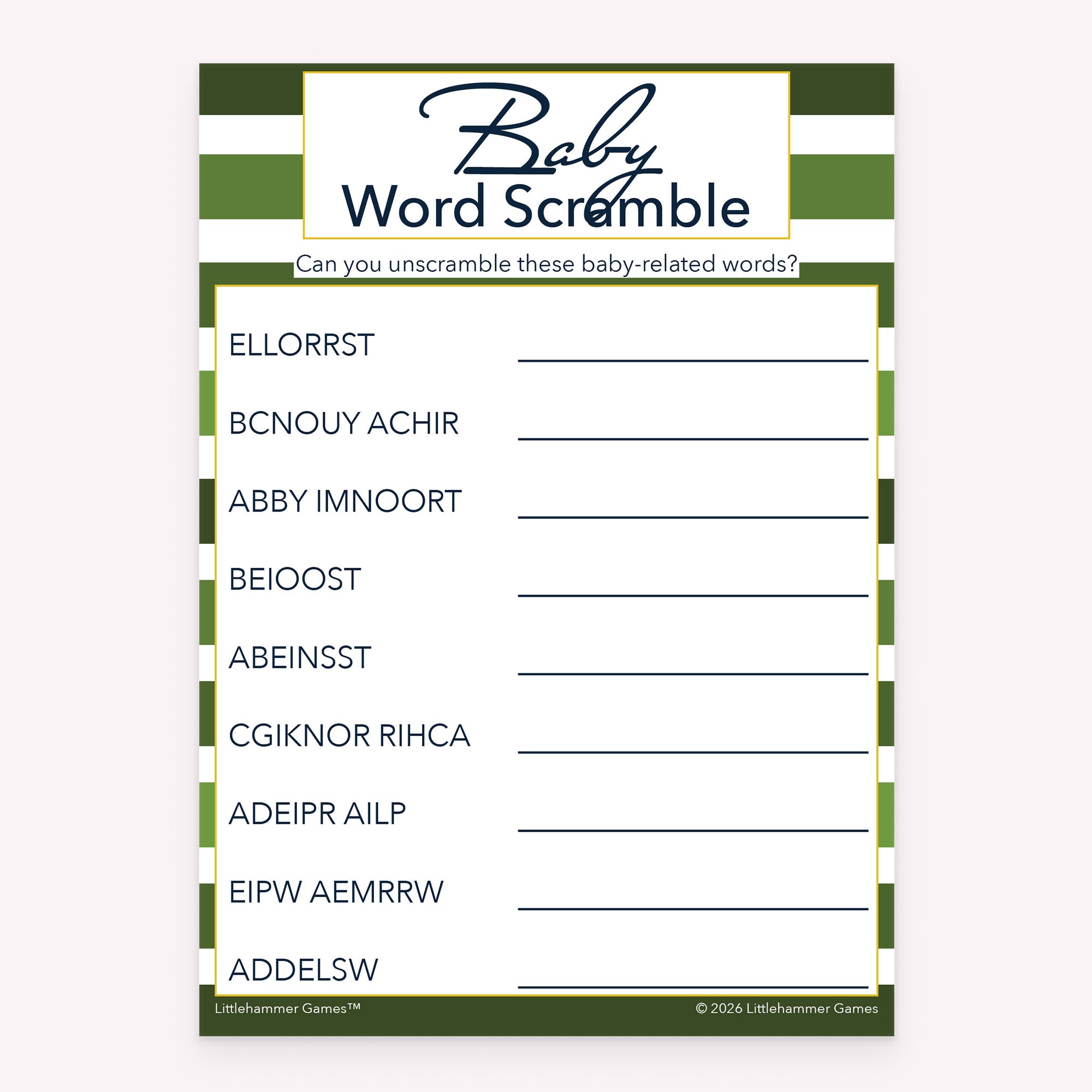 Green-striped printable baby shower game card for Baby Word Scramble