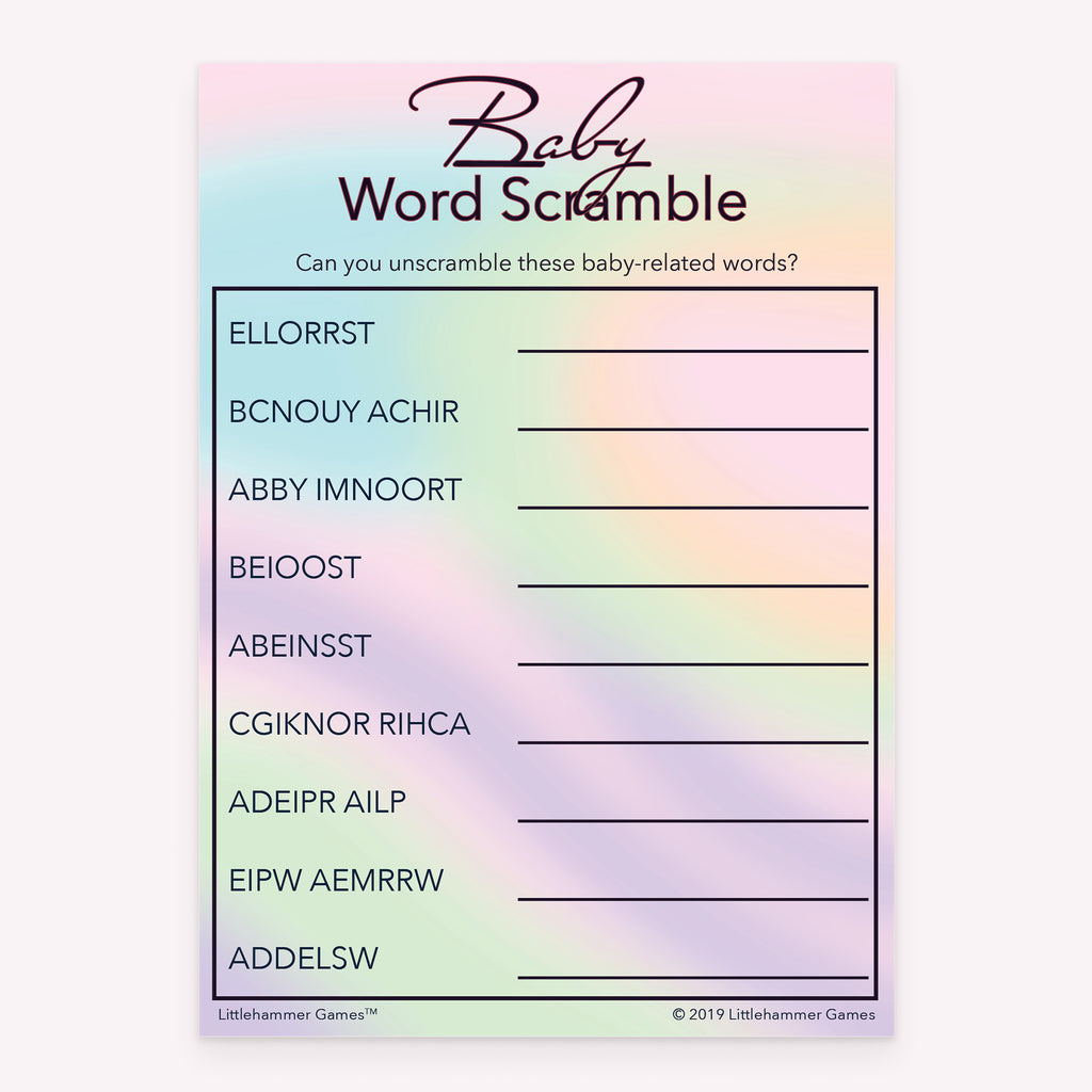 Pastel hologram baby shower Baby Word Scramble printable game card layout