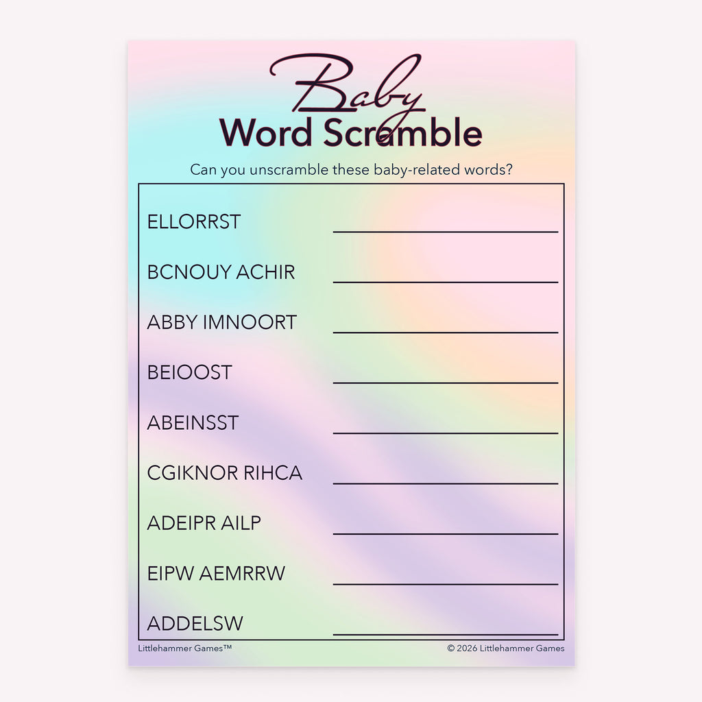Pastel hologram baby shower Baby Word Scramble printable game card layout