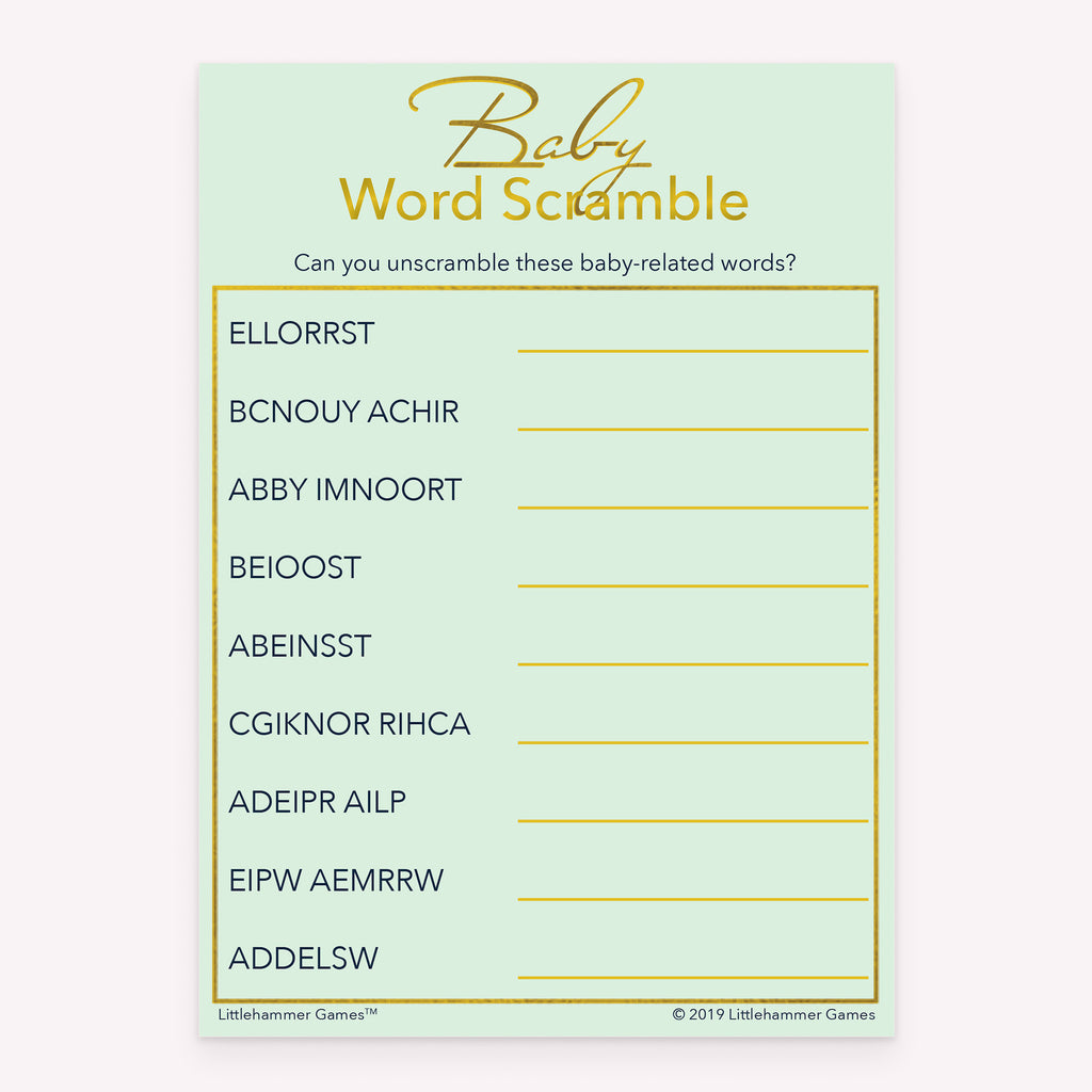 Baby Word Scramble printable baby shower game card with mint and gold background