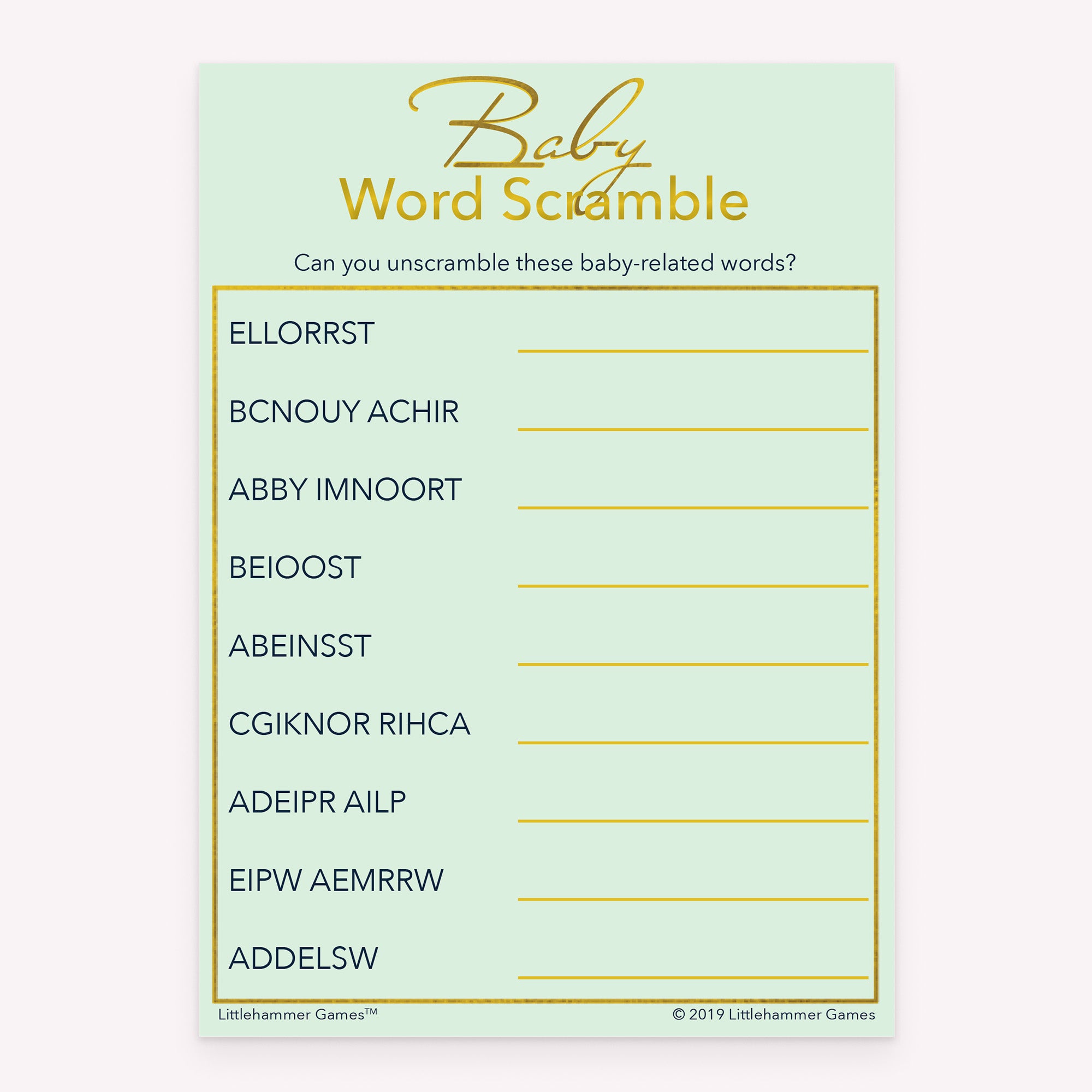 Baby Word Scramble printable baby shower game card with mint and gold background