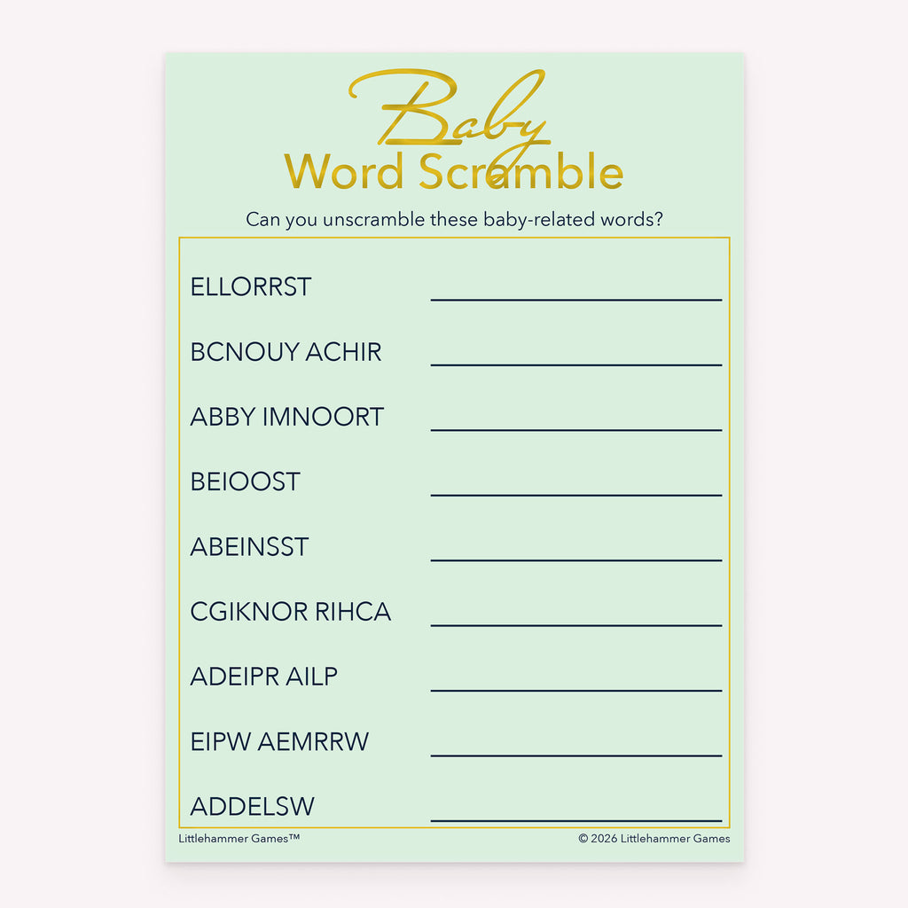 Baby Word Scramble printable baby shower game card with mint and gold background