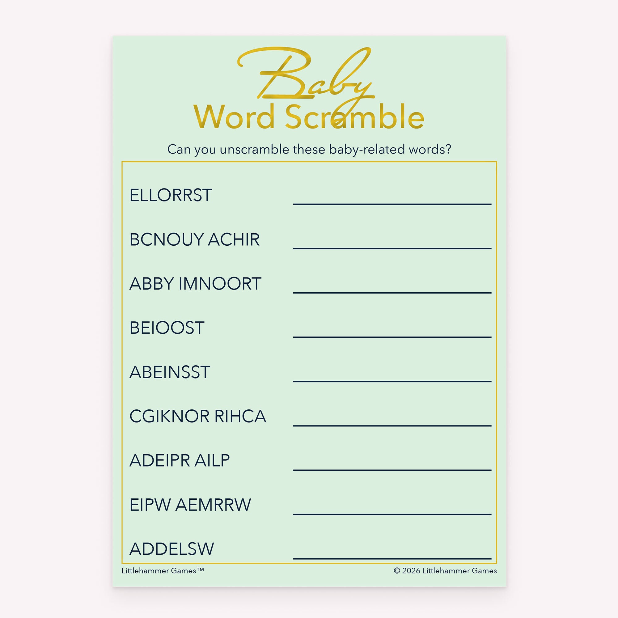 Baby Word Scramble printable baby shower game card with mint and gold background
