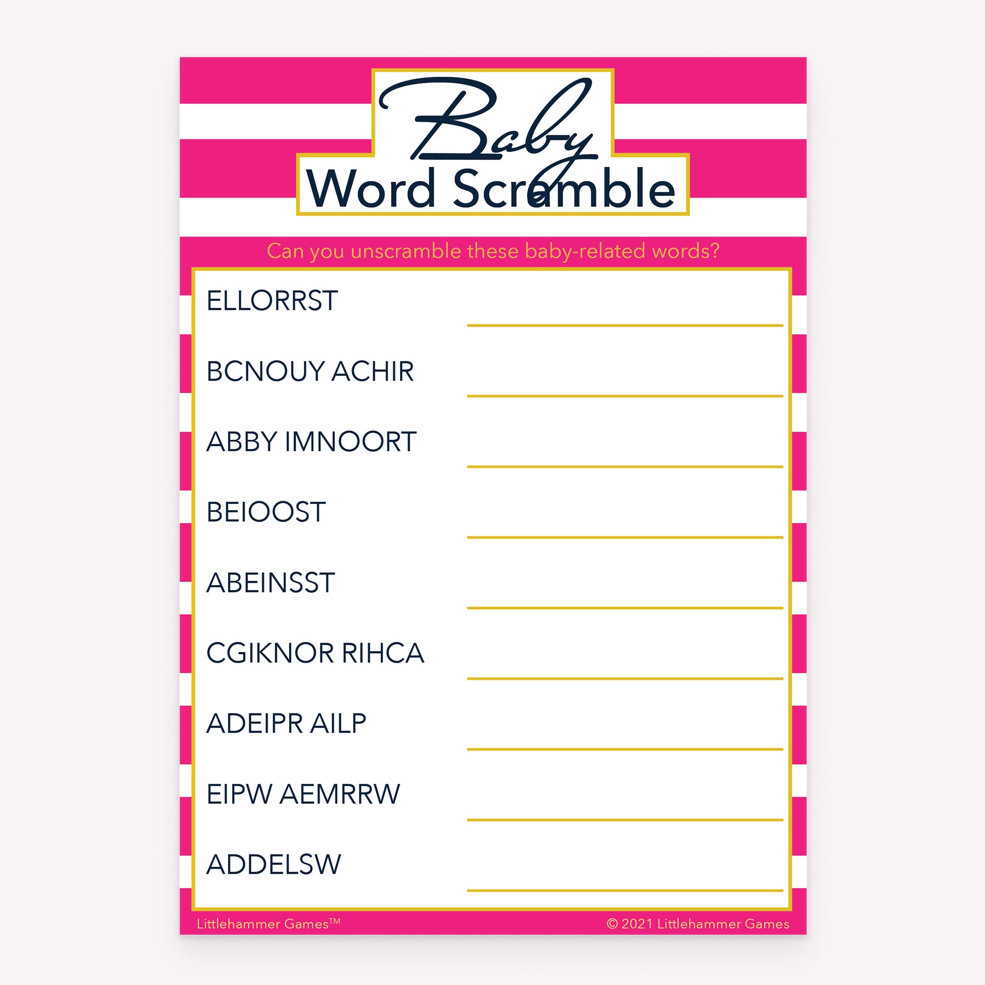 Baby Word Scramble baby shower game card with pink-striped layout