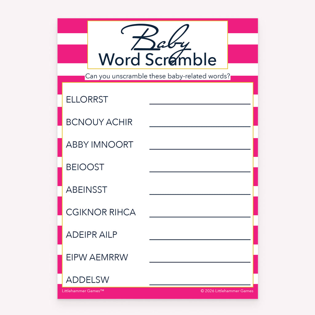Baby Word Scramble baby shower game card with pink-striped layout