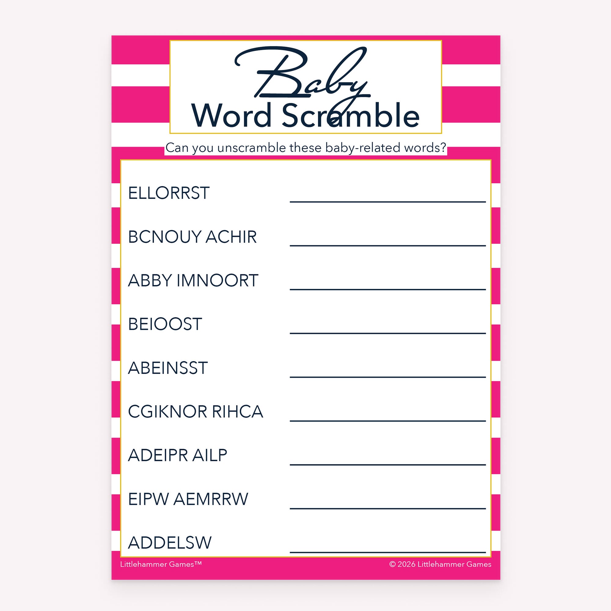 Baby Word Scramble baby shower game card with pink-striped layout