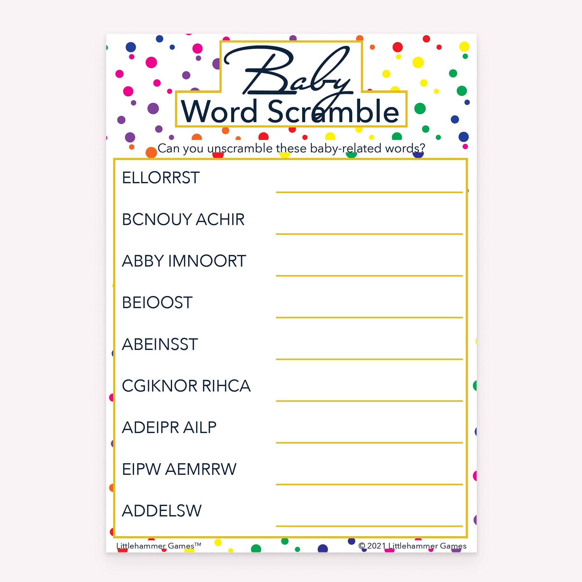 Baby Word Scramble printable baby shower activity in rainbow polka dot style