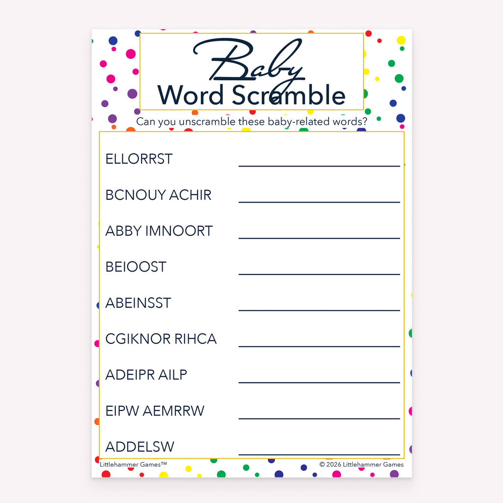 Baby Word Scramble printable baby shower activity in rainbow polka dot style