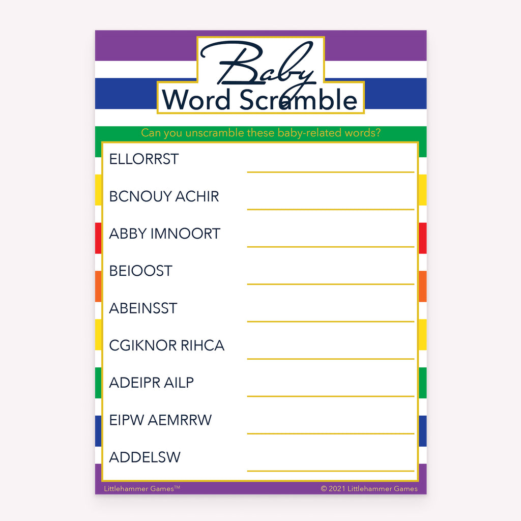 Rainbow stripe design baby shower printable Baby Word Scramble card