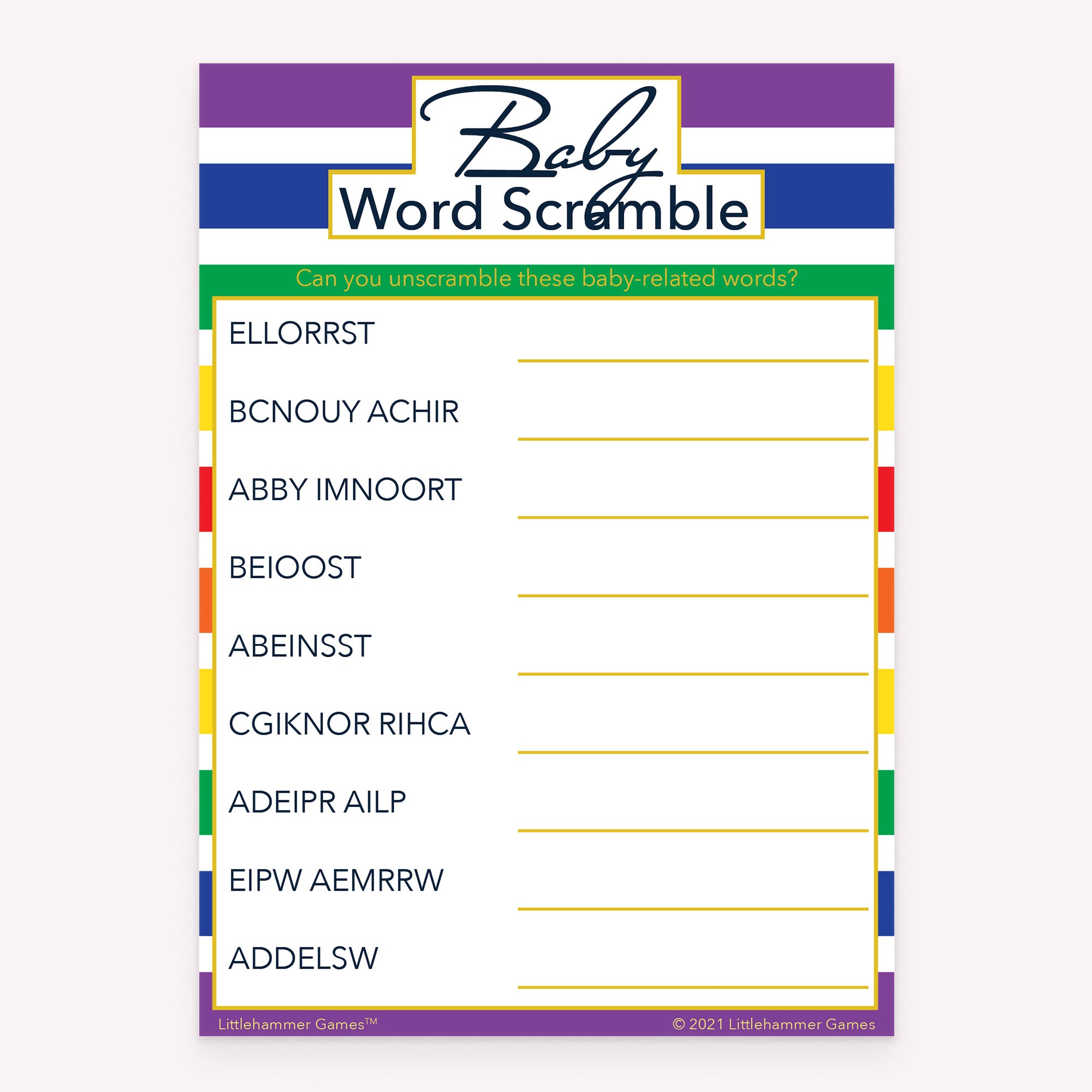 Rainbow stripe design baby shower printable Baby Word Scramble card