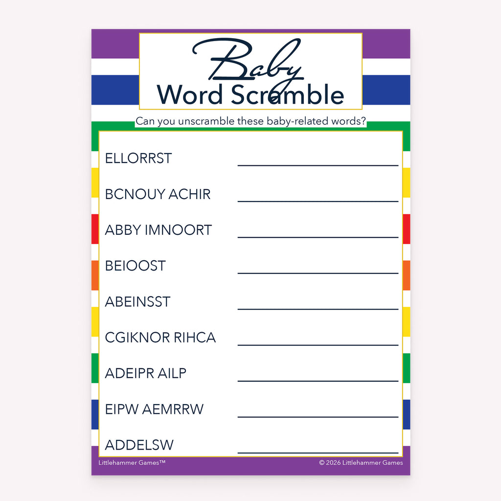 Rainbow stripe design baby shower printable Baby Word Scramble card