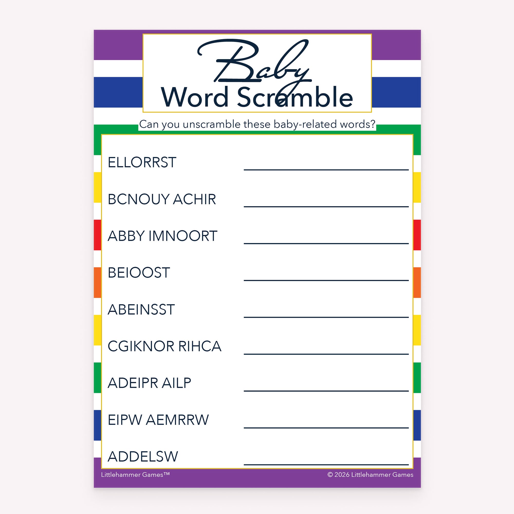 Rainbow stripe design baby shower printable Baby Word Scramble card
