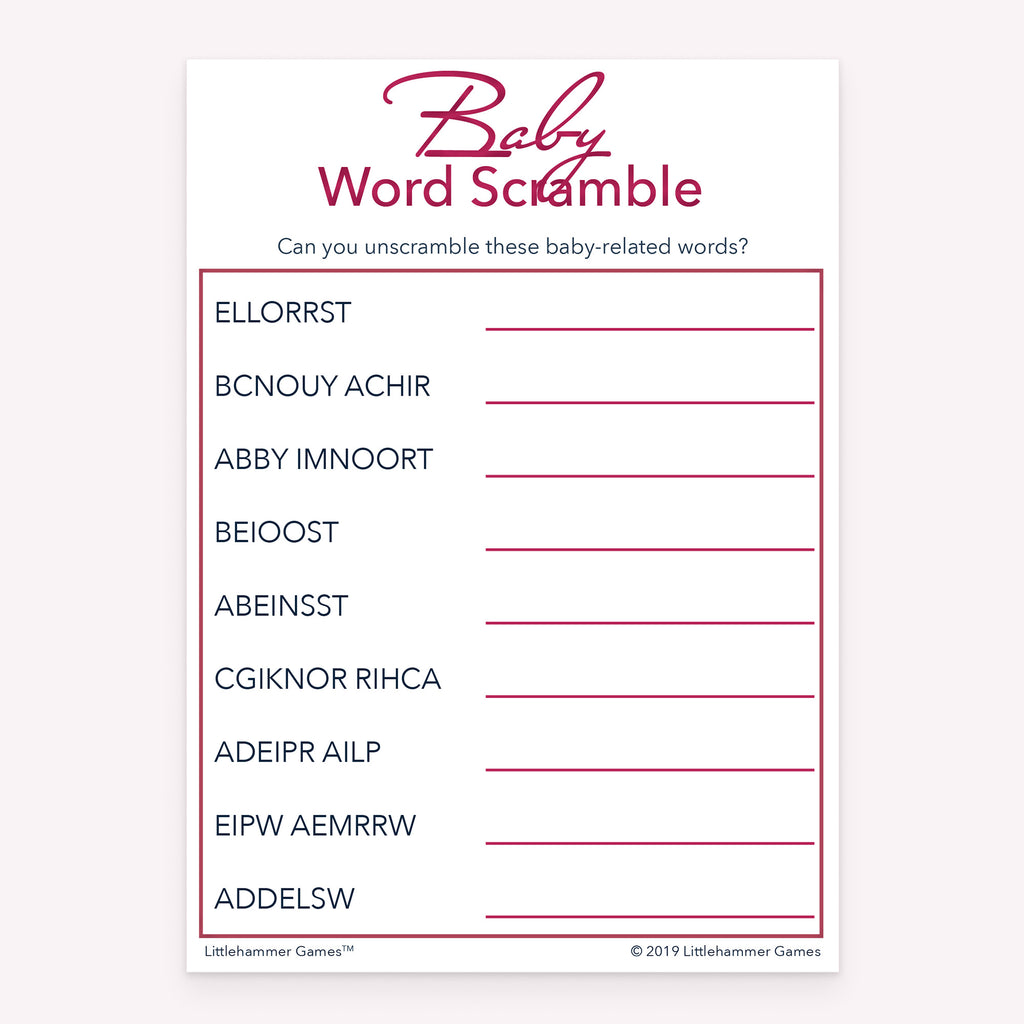 Rose gold style printable baby shower Baby Word Scramble card
