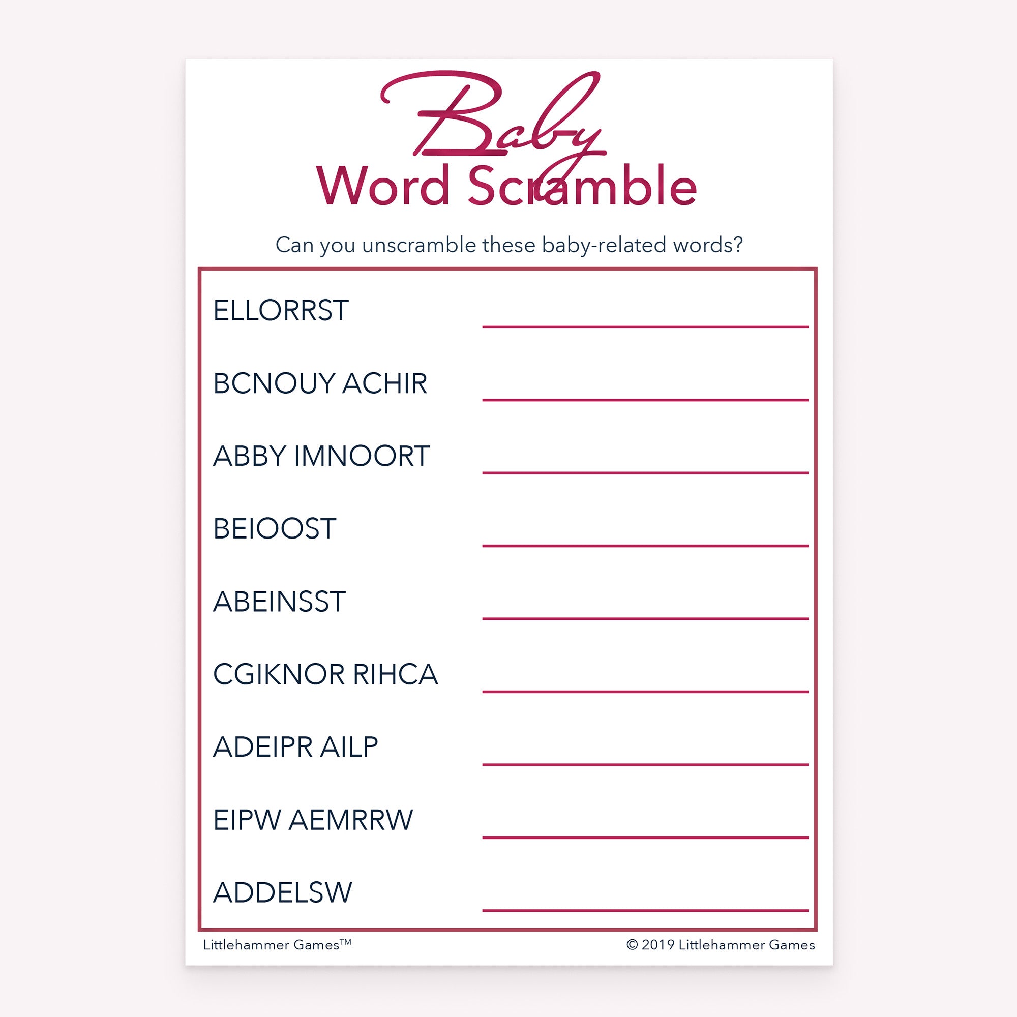 Rose gold style printable baby shower Baby Word Scramble card