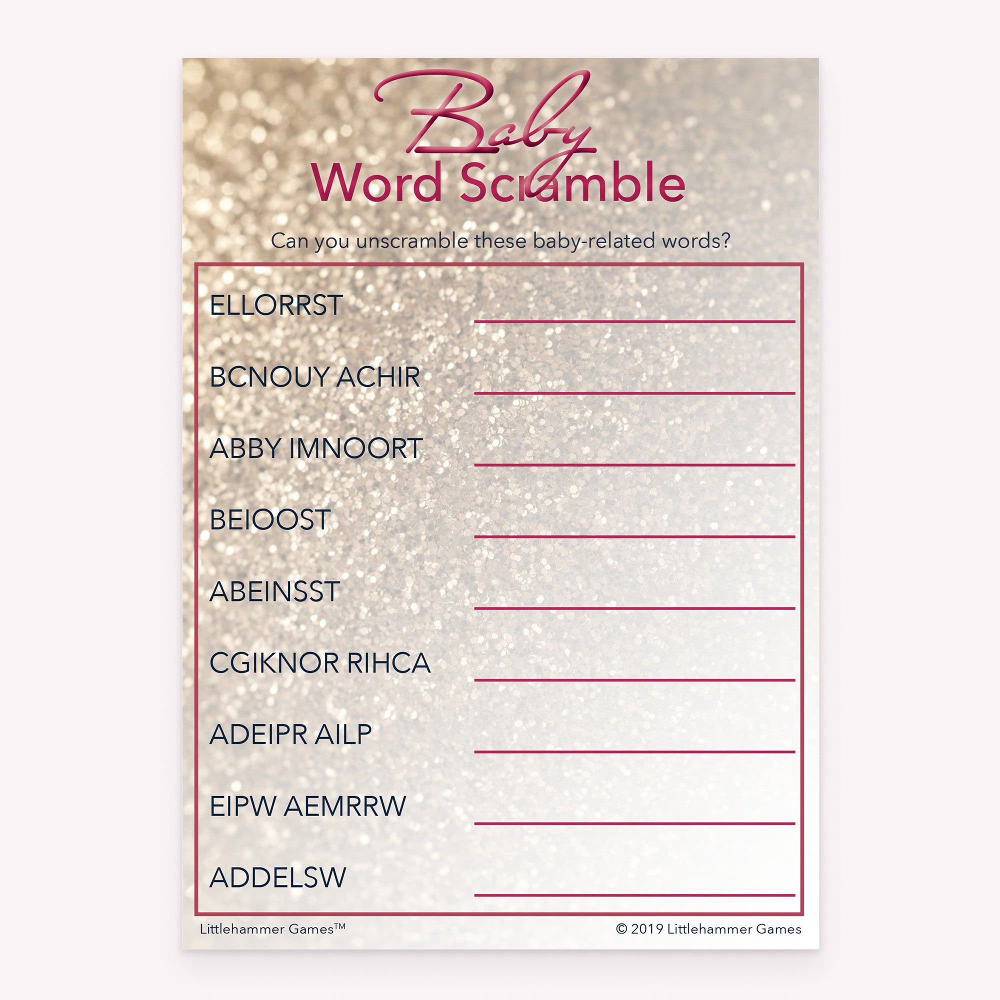 Baby Word Scramble baby shower printable activity card in rose gold glitter design