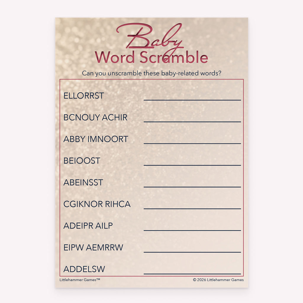 Baby Word Scramble baby shower printable activity card in rose gold glitter design